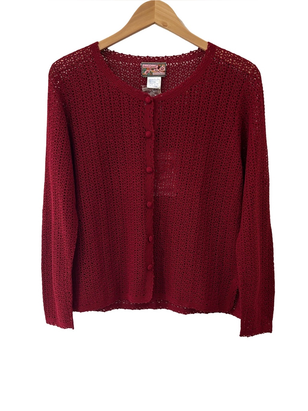 Vintage April Cornell hand crocheted Cardigan Sweater L wine Cottage Dainty NWT